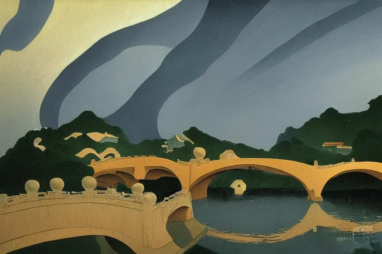 Prompt: masterpiece painting of in the rain beijing houses bridge river mysterious and serene landscape, clouds, by a. j. casson