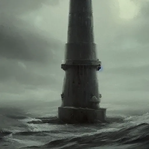 Image similar to star wars concept art by greg rutkowski, a brutalist giant tower in the shape of a lighthouse in the middle of a raging and stormy ocean, lightning storm and gale force winds, dark environment, dramatic atmosphere, artstation hq.