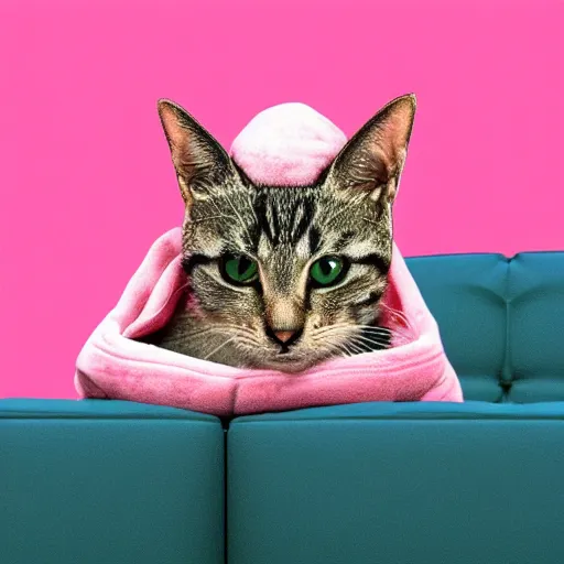 Image similar to a Little cat wearing a pink hoodie sitting on a couch, trending on artstation, HDR, nicely detailed, 8k, Instagram photo