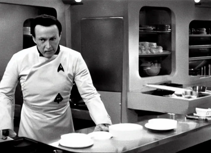 Image similar to film still of Data working as a short order cook in Star Trek the Next Generation