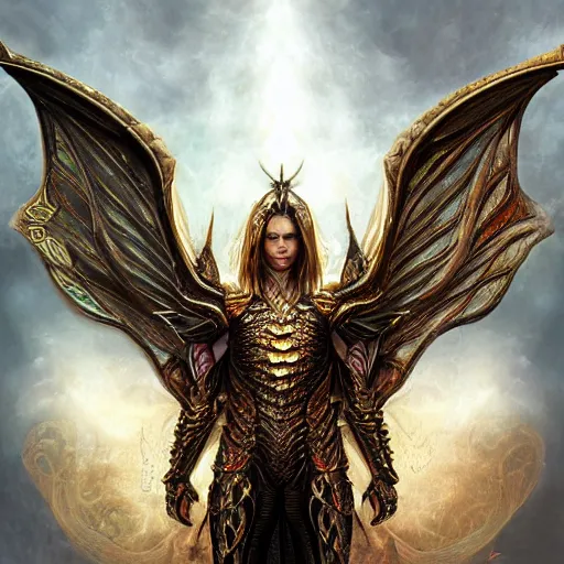 Image similar to a beautiful symmetrical muscular full body wearing a dragon armor with wings made of golden ornaments and gems, by alex gray and android jones , Karol Bak, Ayami Kojima, Amano , concept art, character design, fantasy,3D, 8k resolution