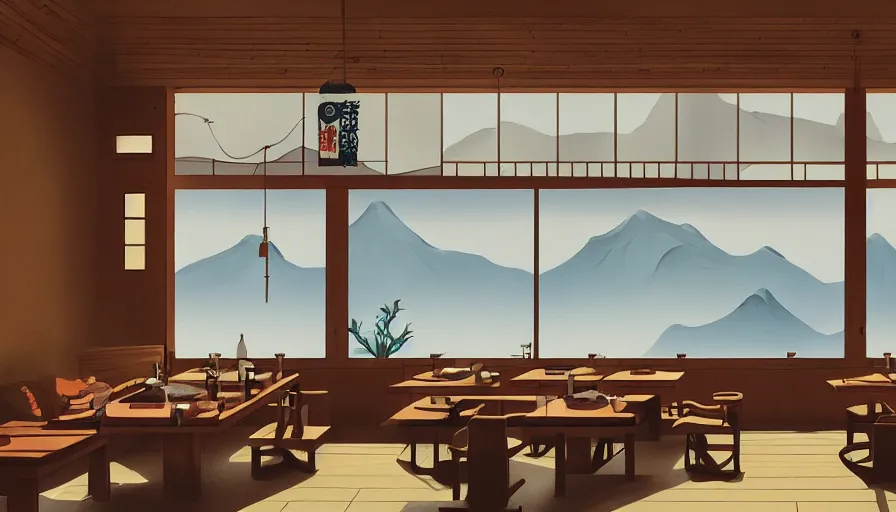 Prompt: interior of an old japanese restaurant with mountains and lake, sunny day through windows, wooden, hyperdetailed, artstation, cgsociety, 8 k