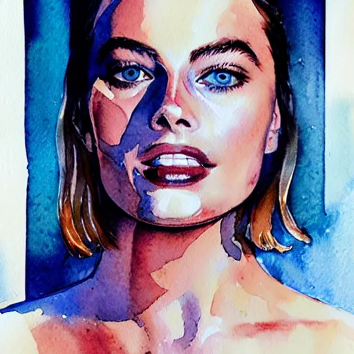 Prompt: a watercolor portrait of margot robbie