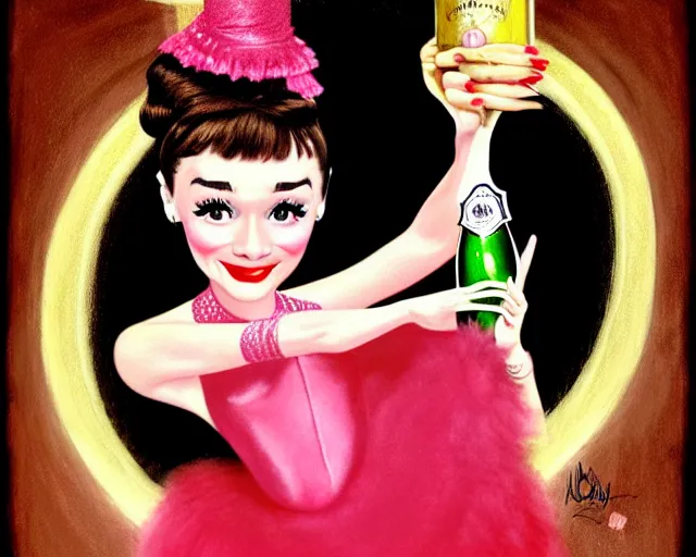 Prompt: audrey hepburn as a cancan dancer with a big bottle of champagne in art deco style, nicoletta ceccoli, mark ryden, lostfish, max fleischer, hyper realistic, artstation, illustration, digital paint, matte paint, vivid colors, bright, cheerful, detailed and intricate environment