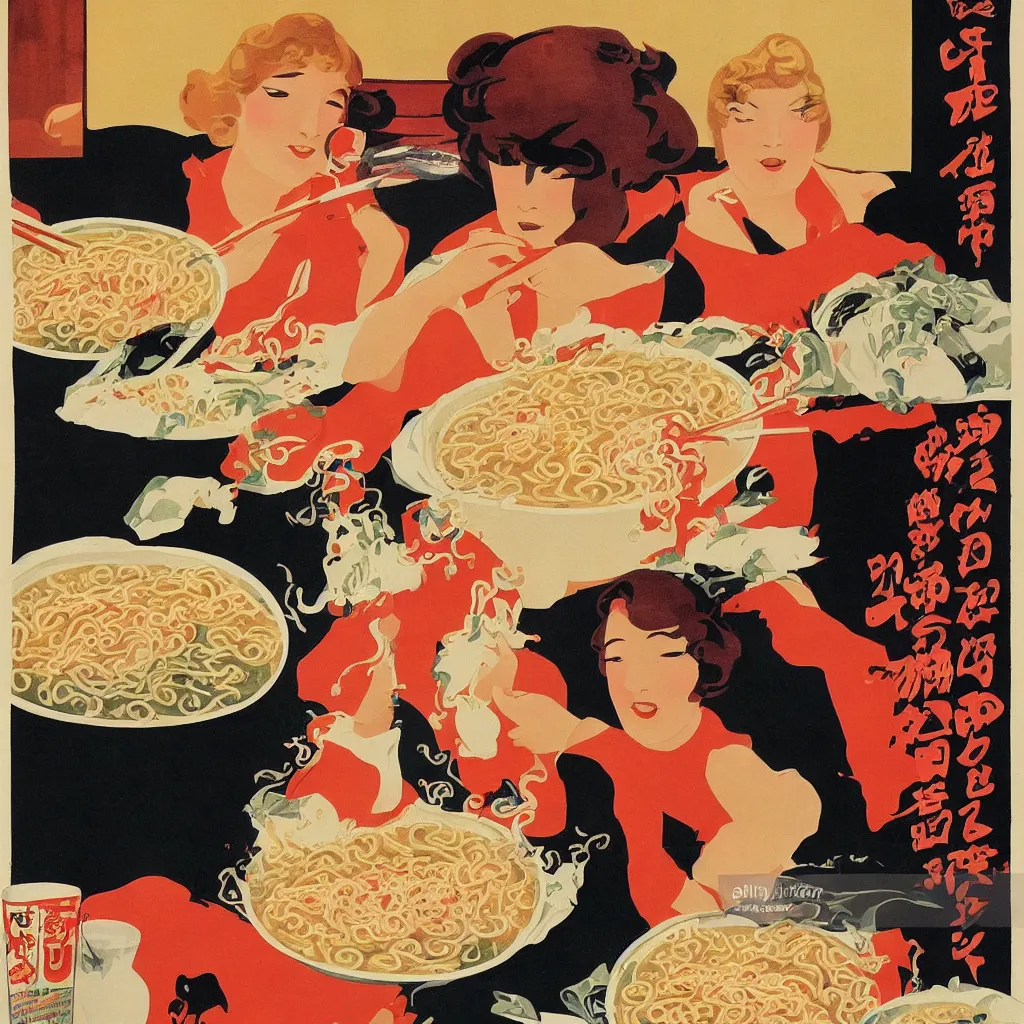 Prompt: 2 beautiful women eating a bowl of ramen, 1920s poster art