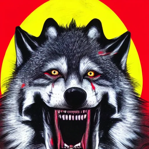 Prompt: ugly portrait of retarded wolf, eyes in different directions, rabies, big teeth, propaganda style, vivid colors