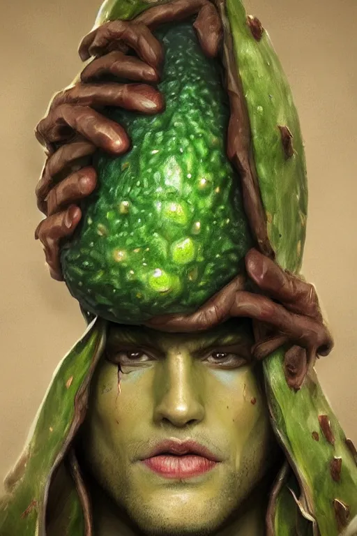 Image similar to avocadoman is a superhero, artgem, digital painting, color painting, hyperrealistic, concept art, oil painting, masterpiece, concept art, trending on deviantart, realistic and detailed face, highly detailed, high quality, 8 k, soft lighting, fancy colors, fantasy, cinematic, high coherence