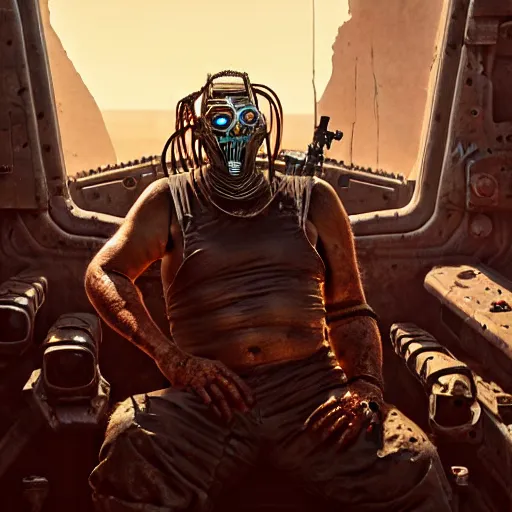 Image similar to Portrait of Immortan Joe by Greg Rutkowski. He is making an announcement from his war rig in the desert by Mark Arian. It is bright and desolate and rusty by H.R. Giger. soft render, octane, highly detailed painting by Moebius. artstation Blank Canvas Scene by Tetsuya Nomura.