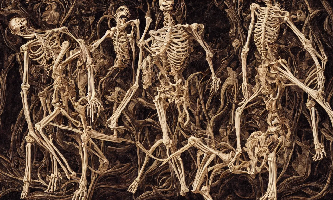 Prompt: intertwined bodies, inside a grand, ornate cathedral, HD Mixed media, highly detailed and intricate, fleshy skeletal, botany, surreal illustration in the style of Caravaggio, baroque dark art