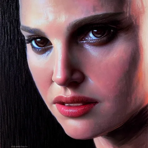 Image similar to a portrait of natalie portman as a replicant from blade runner, detailed, centered, digital painting, artstation, concept art, donato giancola, joseph christian leyendecker, wlop, boris vallejo, breathtaking, 8 k resolution, extremely detailed, beautiful, establishing shot, artistic, hyperrealistic, beautiful face, octane render