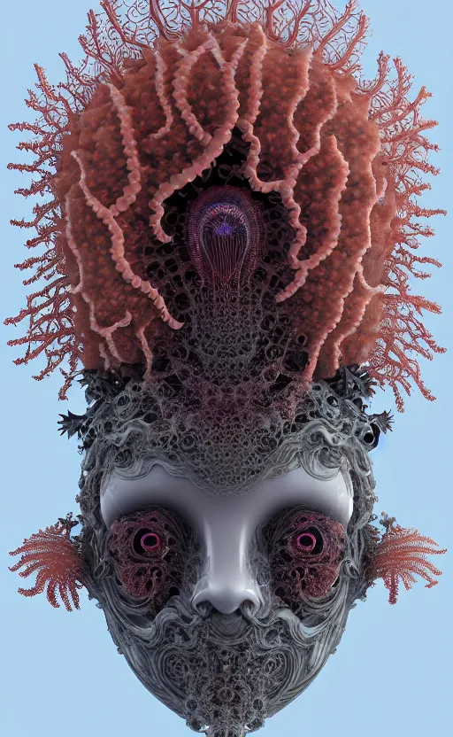 Image similar to intricate gothic girl mask, eagle coral, jelly fish, mandelbulb 3 d, fractal flame, octane render, cyborg, biomechanical, futuristic, by ernst haeckel