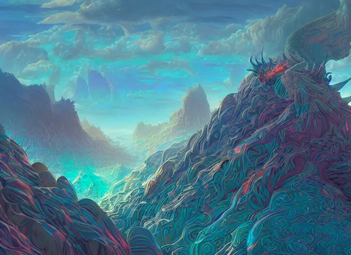 Image similar to psychedelic concept art of a dragon landscape made of thousands of spiraling dragons, cel shaded, in the style of makoto shinkai and moebius and peter mohrbacher and anton fadeev