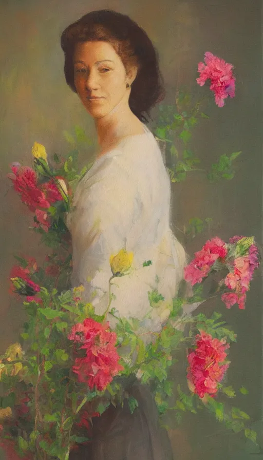 Image similar to painting of a lady holding flowers, standing straight forward, visible brush strokes. sun lighting from the side.