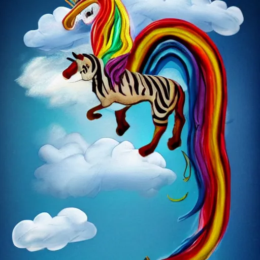 Image similar to a happy child rides a unicorn tiger between the clouds