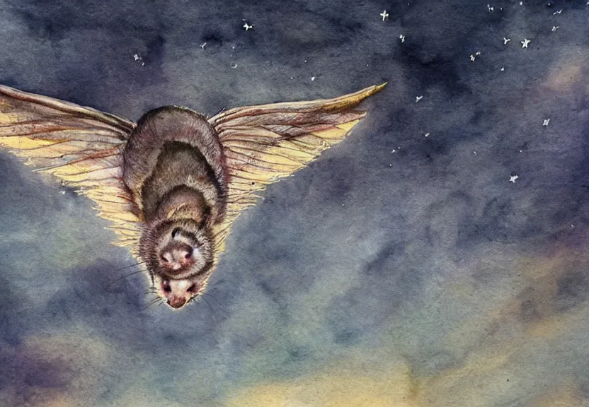 Image similar to winged possum flying over a medieval castle under a dark starred sky, dark fantasy, watercolor, dreaming illusion, highly detailed, 4k, trending on Artstation, award-winning