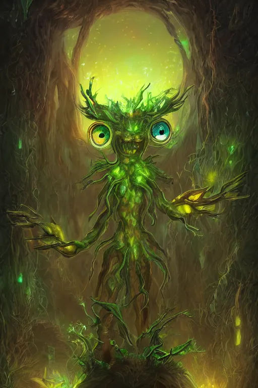 Image similar to a glowing humanoid figure plant monster with large eyes, highly detailed, digital art, sharp focus, trending on art station, plant, anime art style