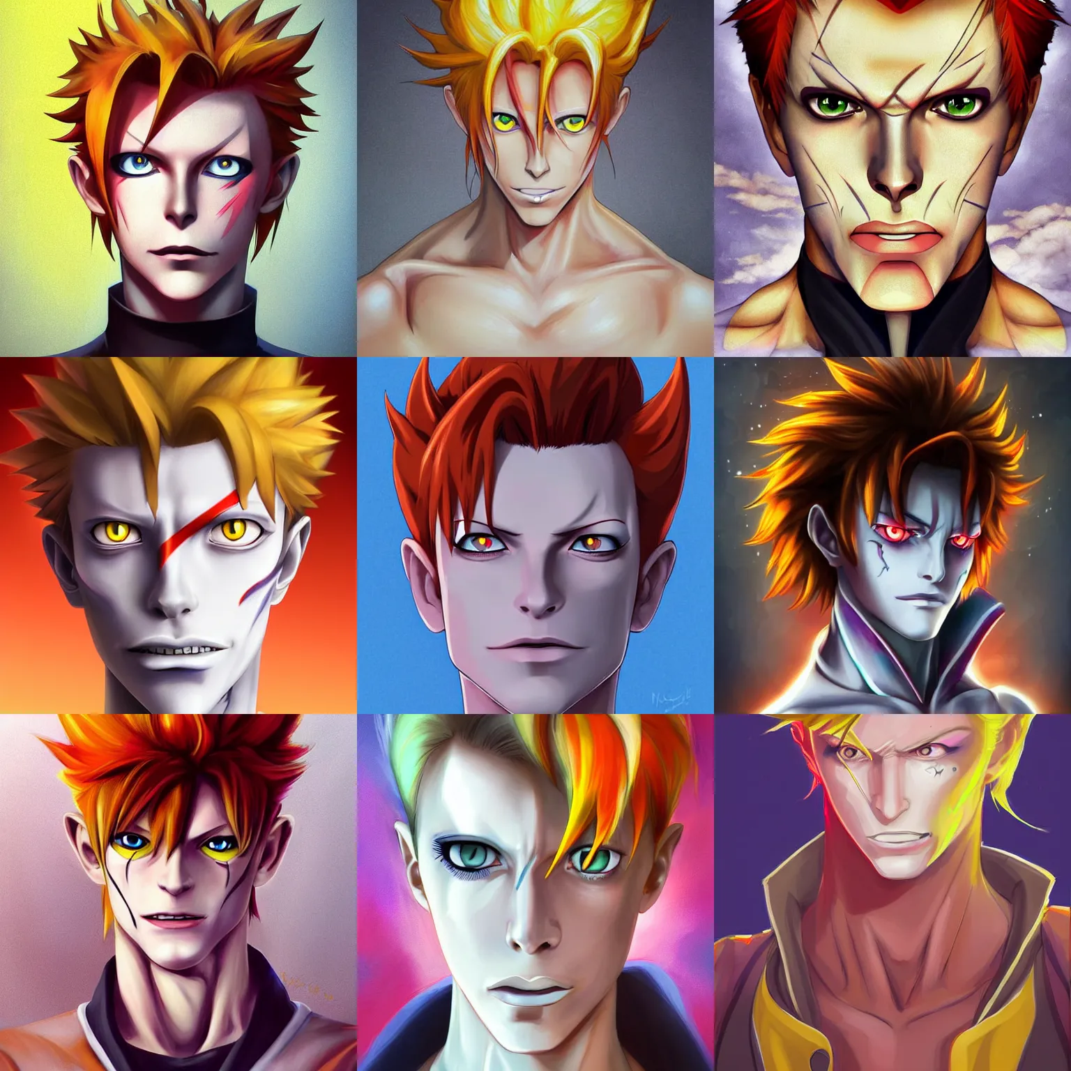 Prompt: portrait of hisoka hunter hunter david bowie inspired devious male smirk upper body sharp jaw yellow eyes narrow eyes red hair, tousled medium length hair, anime, highly detailed, digital painting, artstation, key art anime sharp focus, i studio ghibli pixar and disney animation hunterpedia art by artgerm