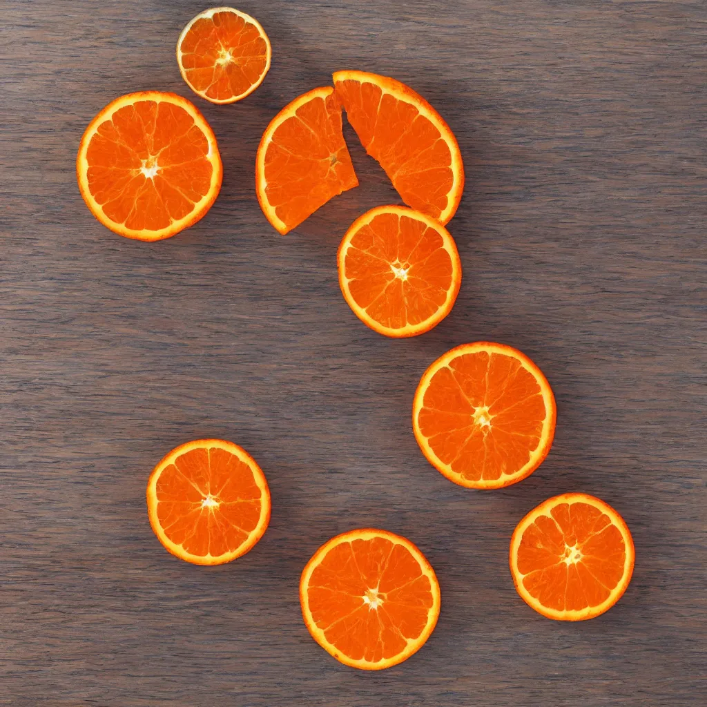 Image similar to top-down view with orange slice on top of a wooden table, 4k, photorealistic