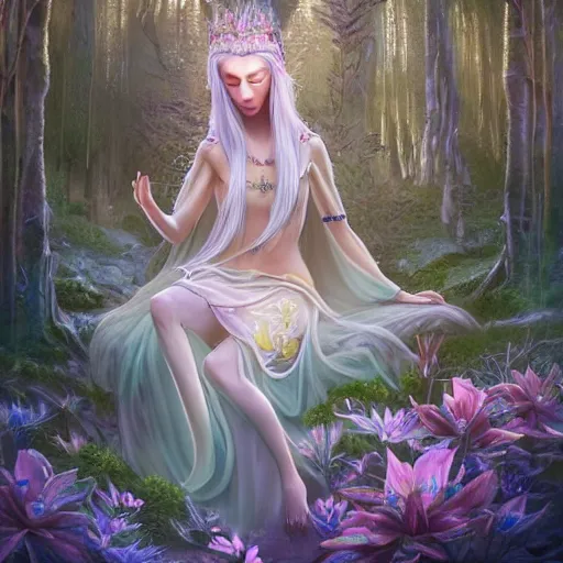 Prompt: elven princess meditating in forest, magical flowers, surrounded by fairies, beautiful face, wisps, surreal, surrealist art, photo, trending on artstation, ultra detailed, intricate, sacred geometry, serene, beautiful, photo, realistic, perfect, smooth, light shafts, light diffusion, chromatic aberration, moebius, by moebius, peter mohrbacher