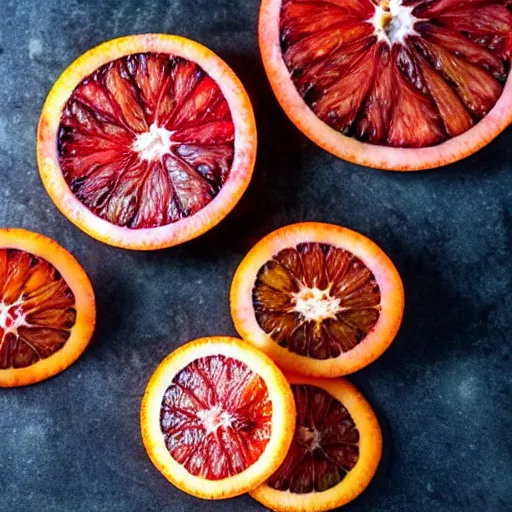 Prompt: a plate of blood orange slices, blood orange wedges