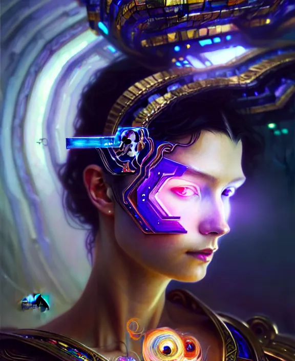 Image similar to a whirlwind of souls rushing inside the metaverse, half body, glowin eyes, tiara with sapphire, pharaoh, android, cyberpunk, d & d, fantasy, intricate, elegant, highly detailed, colorful, vivid color, digital painting, artstation, concept art, art by artgerm and greg rutkowski and alphonse mucha and ruan jia