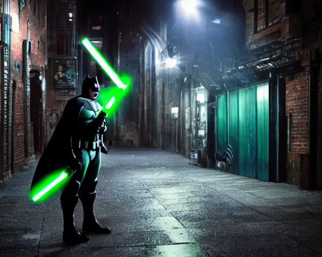 Image similar to a photograph of Batman holding a green lightsaber in a dark city alleyway at nighttime