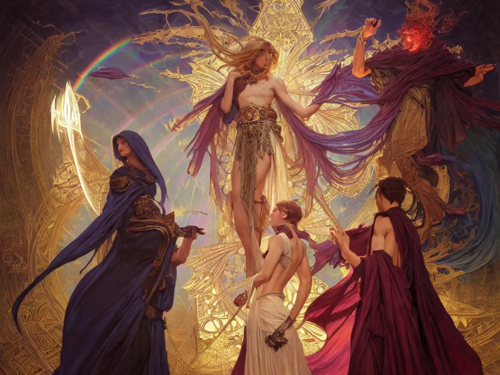 Prompt: painting of powerful stylish sorcerer and a cleric banishing the darkness and its abominations with a rainbow spell, ultra realistic, concept art, intricate details, eerie, highly detailed, photorealistic, octane render, 8 k, unreal engine. art by artgerm and greg rutkowski and magali villeneuve and alphonse mucha