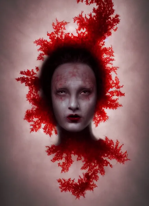 Image similar to dramatic red matte portrait painting of woman with black mandelbrot fractal instead of face, horror, body horror, dark art, 4 k, detailed, realistic, psychotic, insane, crazy, mental illness, dramatic,