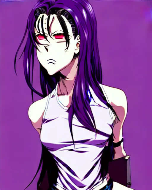 Prompt: style of madhouse studio anime, black lagoon manga, loish, artgerm, rafael albuquerque comic art, portrait of revy from black lagoon, symmetrical eyes and symmetrical face, jean shorts, white tank top, purple hair, sarcastic evil smirk on face, sky and ocean background