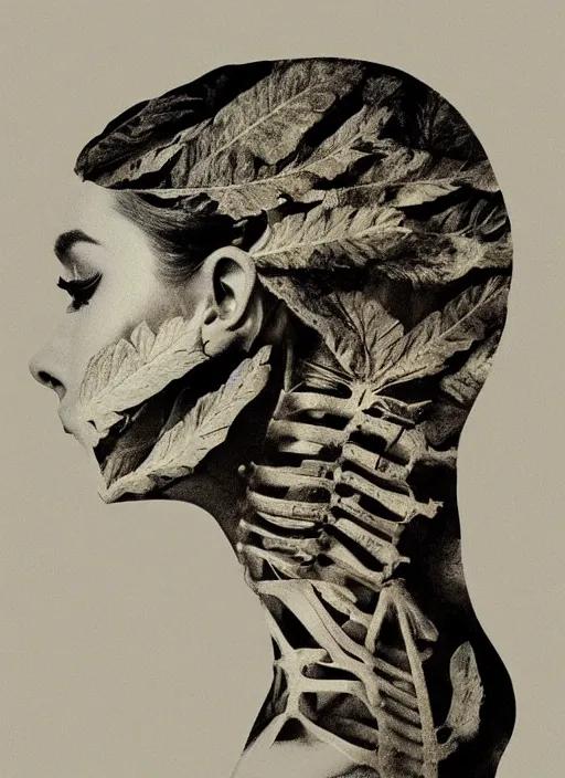 Prompt: a audrey hepburn face in profile made of leaf skeleton in the style of the dutch masters and gregory crewdson dark and moody