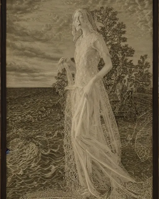 Image similar to a woman standing by the sea, made of intricate decorative lace leaf skeleton, in the style of the dutch masters and gregory crewdson, dark and moody