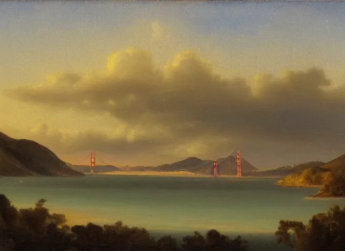 Image similar to san francisco bay in the style of hudson river school of art, oil on canvas