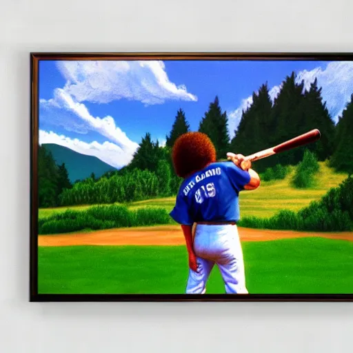 Image similar to a closeup photorealistic photograph of bob ross style kenny powers playing baseball, painting on a canvas. mountains and trees. film still. brightly lit scene. this 4 k hd image is trending on artstation, featured on behance, well - rendered, extra crisp, features intricate detail, epic composition and the style of unreal engine.