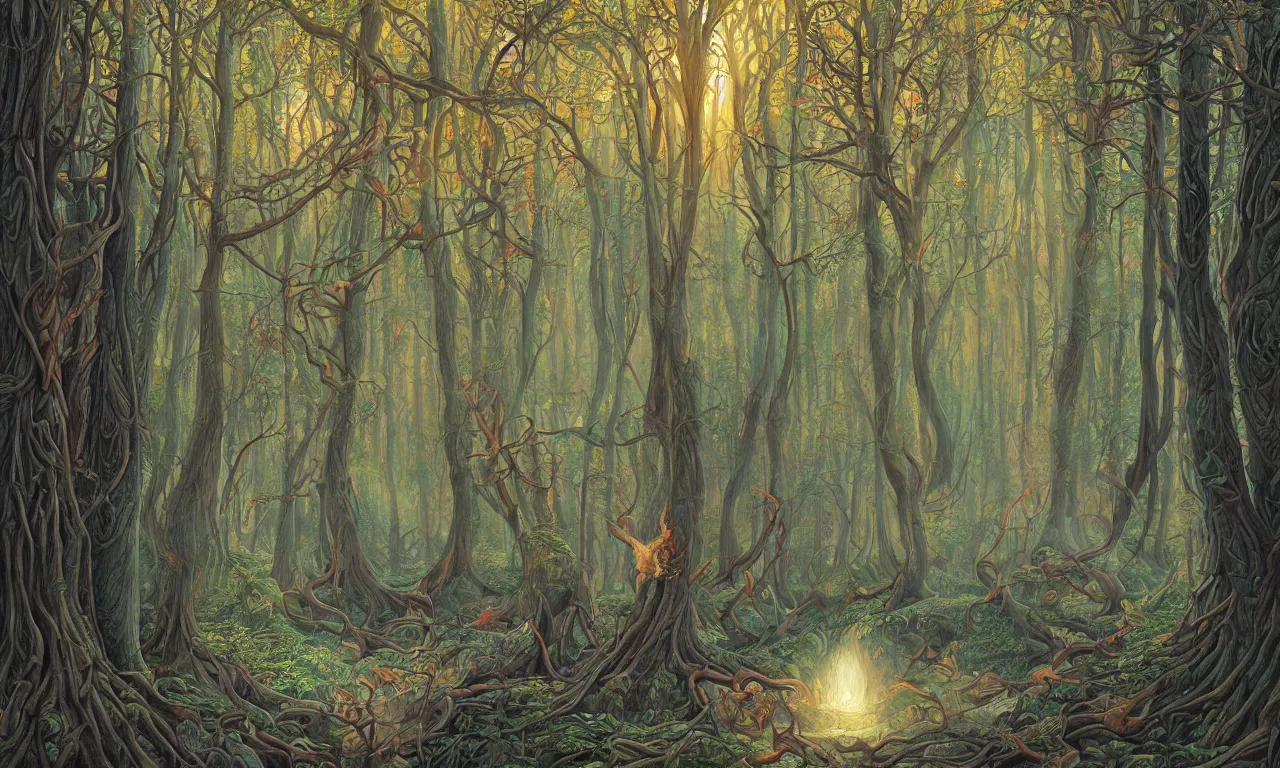 Image similar to mystical forest, illustration painting, oil on canvas, intricate, hd, digital art, overdetailed art, complementing colors, detailed, illustration painting by alex gray, digital art, moebius