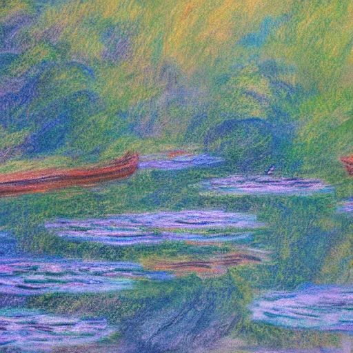 Prompt: a beautiful impressionist painting of a winding river, in the style of monet colored charcoal drawing on canvas