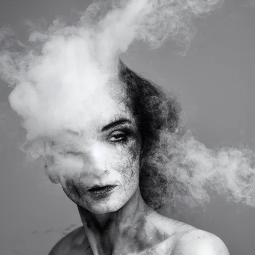 Prompt: full shot of a woman made from white smoke, hair made from black ink fluid in oil, style of roset conrad macrophotography