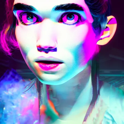 Prompt: grimes on stage djing, volumetric neon lights in the background, gleaming, 3 5 mm photography, portrait!!!!!!, photorealistic facial features, trending on artstation, 4 k, 8 k, zbrush, mannerism