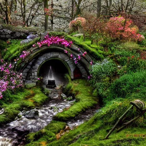 Prompt: spring festival at medieval hobbit village, ornate, beautiful, atmosphere, vibe, mist, smoke, fire, chimney, rain, wet, pristine, puddles, waterfall, melting, dripping, snow, creek, lush, ice, bridge, stew, loaves, green, stained glass, forest, roses, flowers, color page, 4 k, contest winner