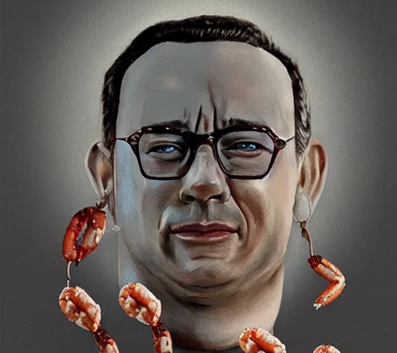 Image similar to Tom hanks as forrest gump wearing a necklace made out of shrimps around the neck, realistic face, digital art, in the style of Marta Dahlig, amazing detail, artstation, long shot