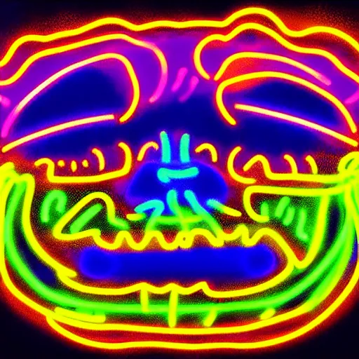 Image similar to digital art symmetrical demon face full of neon bright colours, in the dark, surrounded by smoke