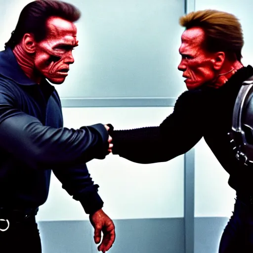 Image similar to uhd photorealisitc candid photo of arnold schwarzenegger begging a terminator not to kill him. hyperdetailed, accurate, studio lighting. photo by annie leibowitz and steve mccurry