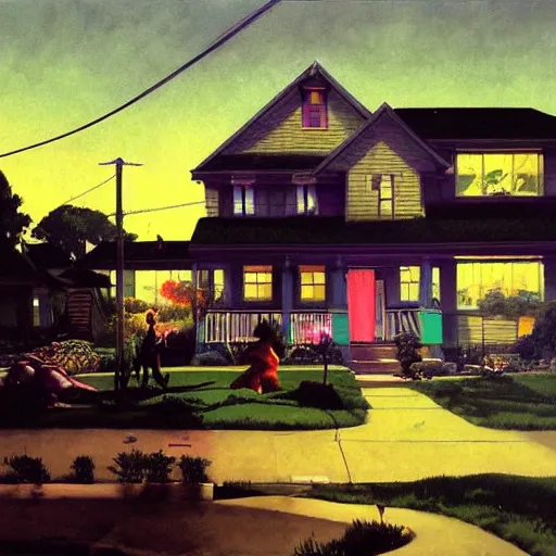 Image similar to a suburban neighborhood with deep green and purple glowing clouds. highly detailed science fiction painting by norman rockwell, frank frazetta, and syd mead. rich colors, high contrast, gloomy atmosphere, dark background. trending on artstation.