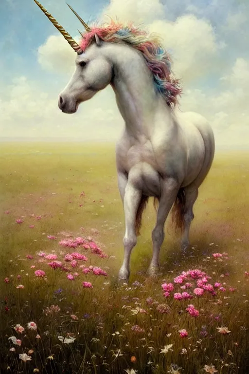 Image similar to a unicorn on the flowery meadow | esoteric symbolism | jean - baptiste monge, esao andrews, bastien lecouffe - deharme, tim jacobus, ken currie | ultra - detailed realism, soft cinematic lighting, hi - fructose, artstation, high - quality, ink watercolors wes anderson poster art