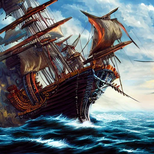 Image similar to pirate ship fighting off leviathan under sunny skies, trending on artstation, ultra fine detailed, hyper detailed, hd, concept art, digital painting