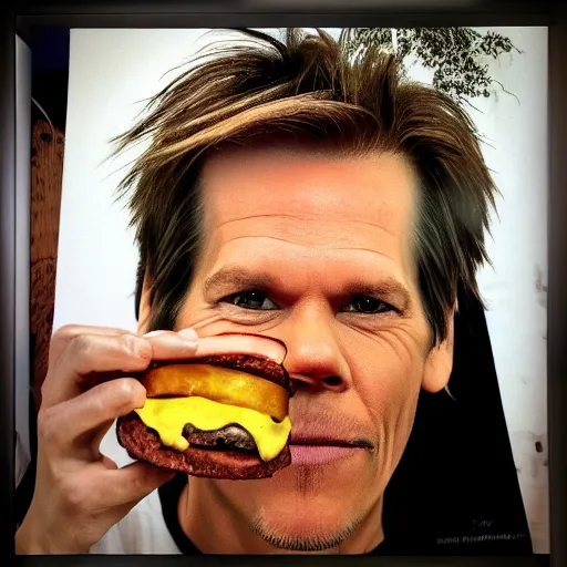 Image similar to kevin bacon face wrapped inside a cheeseburger