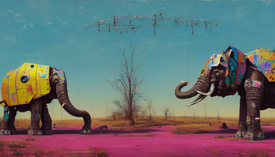 Image similar to an intricate oil painting of a giant south african armored elephant shaped scrap metal mecha by simon stalenhag, pink, yellow and cyan paint decals