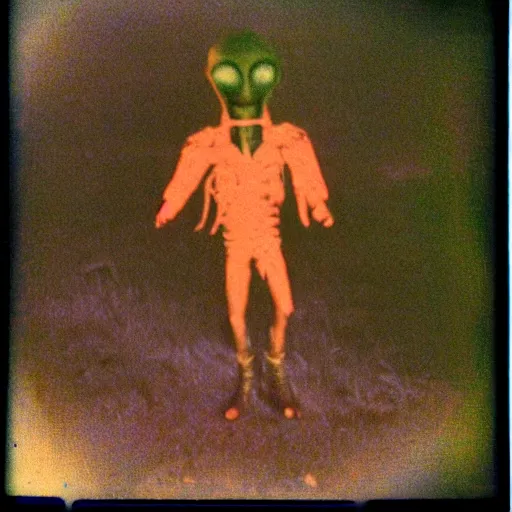 Prompt: colour polaroid photo of an alien on the moors