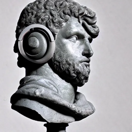 Prompt: roman bust wearing headphones, vaporwave!!!!! aesthetic