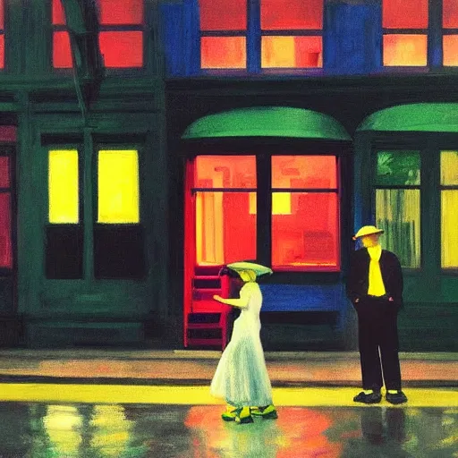 Image similar to night color flash portrait photography of punks on the lower east side by edward hopper, colorful!!, nighttime!, raining!