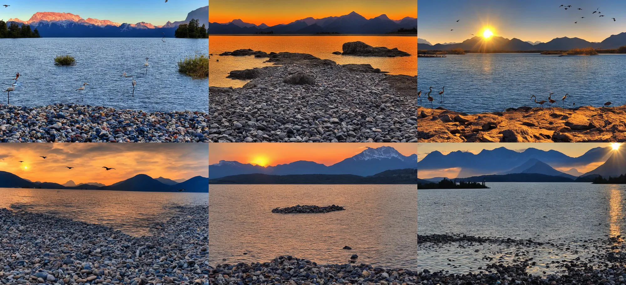 Prompt: a photo of a lake with mountains in the backround, dusk, two cranes flying across the sun, sun rays hitting the pebbles in the foreground